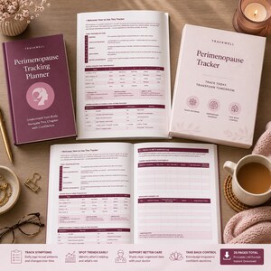 Könnte beinhalten: Ein Perimenopausen-Tracking-Planer-Set bestehend aus einem dunkelvioletten gebundenen Buch, einem hellrosa Buch und einem aufgeschlagenen Planer mit Seiten zu Tracking-Rhythmen, Symptomskalen und Medikamentenprotokollen sowie einem goldenen Stift.