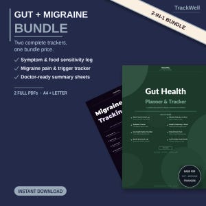 May include: A digital Gut + Migraine bundle featuring two trackers in A4 and Letter sizes. The dark blue background displays text including Gut + Migraine Bundle, Symptom & food sensitivity log, Migraine pain & trigger tracker, and Doctor-ready summary sheets. Two planner pages are visible, one dark green and one black.