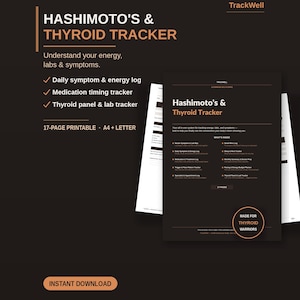Puede incluir: Un documento imprimible de 17 páginas Hashimoto's & Thyroid Tracker en tamaños A4 y Letter. El diseño marrón oscuro presenta texto en blanco, incluyendo secciones para registros diarios de síntomas, medicación y análisis de laboratorio.