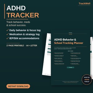 Può includere: Un pianificatore di monitoraggio ADHD stampabile di 17 pagine in formato A4 e letter. Il documento verde scuro presenta testo arancione, tra cui ADHD TRACKER, registri di comportamento, concentrazione, farmaci, strategie e adattamenti IEP/504.