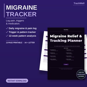 Op de afbeelding: Een 13-pagina tellende, printbare Migraine Tracker en Relief & Tracking Planner in A4- en Letter-formaat. Het donkerpaarse document bevat secties voor het loggen van pijn, triggers, medicatie en een 12-weken patroonanalyse voor migrainebeheer.