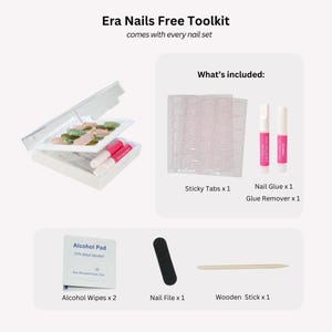 May include: A white kit with nail supplies, including sticky tabs, nail glue, glue remover, alcohol wipes, a nail file, and a wooden stick. The kit also contains pink, green, and clear artificial nails. The text "Era Nails Free Toolkit" is at the top.