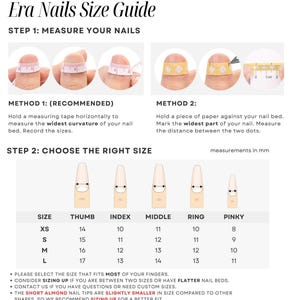 May include: An Era Nails Size Guide with instructions on how to measure nails for false nail application. The guide includes two methods for measuring, along with a size chart in millimeters for thumb, index, middle, ring, and pinky fingers.