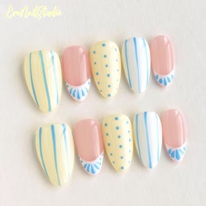 Butter Stripe Handmade Press On Nails, Trendy Nails for Summer, Coquette Nail Art image 1