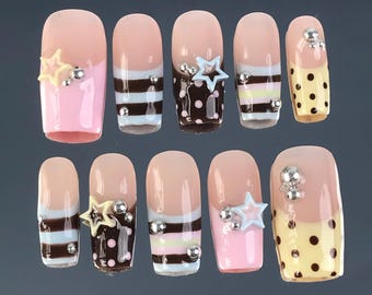 Pastel Stripe Star Press-On Nails, Soft Pink, Brown & Cream Lines with 3D Star Charms