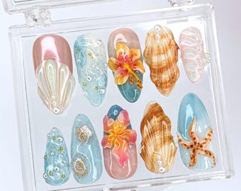 Tropical Beach 3D Press On Nails, Hibiscus Floral Almond, Ocean Blue Gel