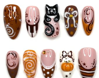 Herfst Kat Pompoen Halloween Plaknagels, Coquette 3D Strik, Bruin Roze Herfst Set