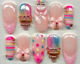 Pink Partylicious & Unicorns Press On Nails, 3D Kawaii Bow, Striped Rhinestone Nail Set