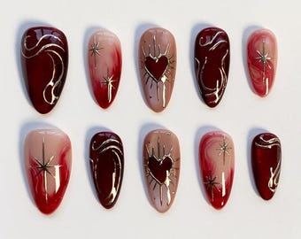 Gothic Sacred Heart Press On Nails, Burgundy Gold Chrome Starburst, Long Almond Handmade Gel Nails, Luxury Dark Romance Fake Nail Set