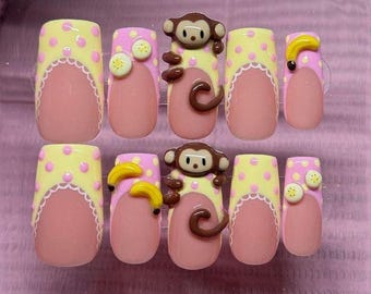 3D Monkey Banana Charms Press On Nails, Kawaii Polka Dot Nail Art