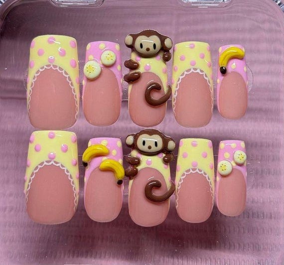 3D Monkey Banana Charms Press On Nails, Kawaii Polka Dot Nail Art