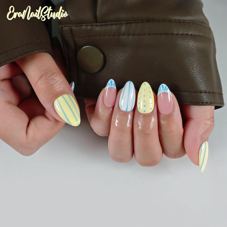 Butter Stripe Handmade Press On Nails, Trendy Nails for Summer, Coquette Nail Art image 2