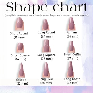 May include: A nail shape chart with nine different nail shapes, including Short Round, Long Round, Almond, Short Square, Long Square, Short Coffin, Stiletto, Long Oval, and Long Coffin. Each shape is displayed with its length in millimeters.