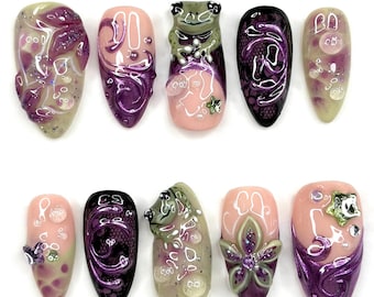 3D Frog Press On Nails, Purple Chrome Swirls, 3D Floral Fairycore Nail Set