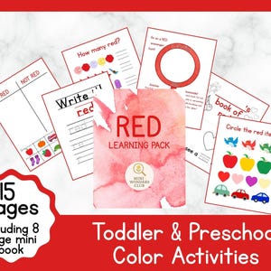 Può includere: Un insieme di fogli di lavoro educativi per bambini piccoli e in età prescolare, incentrati sul colore rosso. Il pacchetto include un mini-libro e varie attività. La copertina mostra il testo "RED LEARNING PACK".