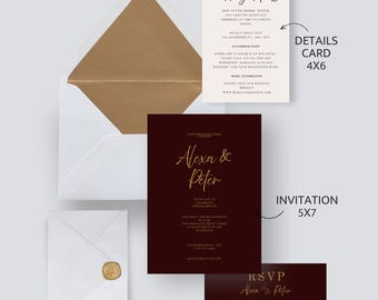 Könnte beinhalten: Ein Hochzeitseinladungs-Set mit einem stimmungsvollen Thema. Das Set enthält eine 5x7 Zoll Einladung, eine 4x6 Zoll Detailkarte und eine 5x3,5 Zoll RSVP-Karte. Das Design zeigt goldenen Text auf burgunderrotem Hintergrund, mit einem goldenen Umschlag.