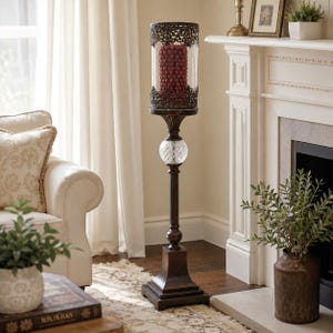 Vintage Floor Candle Holder Stand, Bronze Gothic Scroll Metal, Glass Hurricane Shade 30” Tall