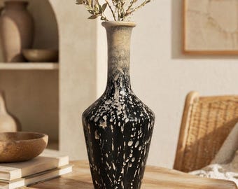 Vintage Black & White Drip Glaze Ceramic Vase • Mid Century Modern