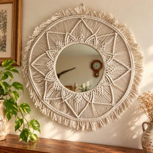 Vintage Handmade Macramé Mirror: 25 Inch Boho Mandala Cotton Rope Fringe Wall Decor