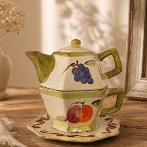 Vintage Hand Painted Teapot Cup Saucer Set, Ceramic Tea For One Set, Chino Fruit Motif Tea Pot with Cup, Cottagecore Kitchen Decor,
