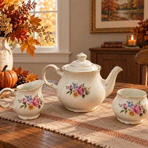 Può includere: Un set da tè in ceramica color crema composto da una teiera, una lattiera e una zuccheriera, ciascuno decorato con un motivo floreale di rose rosa, margherite gialle e fiori blu, rifinito con un delicato bordo dorato sui profili.