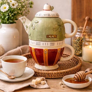 Juego de tetera y taza de cerámica pintada a mano / Decoración de cocina vintage estilo cottagecore