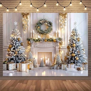 May include: A festive Christmas scene with two decorated trees, a fireplace, and wrapped gifts. The trees are adorned with gold ornaments and lights. A wreath hangs above the fireplace, and string lights are strung across the top. The scene is set on a white floor.
