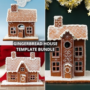 May include: Three gingerbread house structures featuring brown cookie walls with white icing details, including roof shingles, windows, and doors. The text GINGERBREAD HOUSE TEMPLATE BUNDLE is centered over the images of the three distinct house designs.