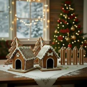 Könnte beinhalten: Lebkuchen-Hundehäuser mit weißen Zuckerguss-Akzenten, einem Pfotenabdruck und einem Knochen-Detail. Die Szene umfasst Lebkuchen-Weihnachtsbäume, einen Zaun und einen geschmückten Weihnachtsbaum. Die Szene befindet sich auf einem Tisch mit einer weißen Tischdecke.