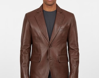 Handmade Men’s Slim Fit Brown Leather Blazer Jacket 2-Button Sport Coat Classic Style Outerwear