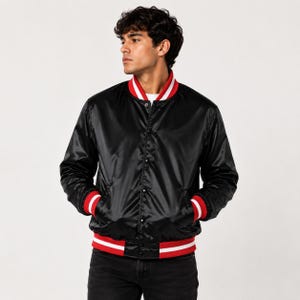 Herr svart satinbomberjacka retro varsity baseboll lätt streetwear klassisk mode sportjacka