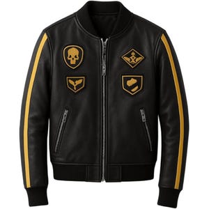 May include: Black leather bomber jacket with yellow stripes on the sleeves. The jacket features a ribbed collar, cuffs, and hem, and has four embroidered patches with gold accents. It has a zip-up front and two zippered pockets.
