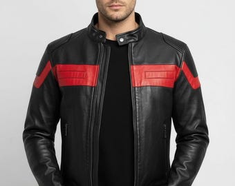 Red & Black Genuine Leather Jacket Men's Biker Style Coat Vintage Motorcycle Racing Stripes Outerwear