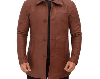 Chaqueta de cuero marrón para hombre, hecha a mano, estilo motociclista clásico, con botones.