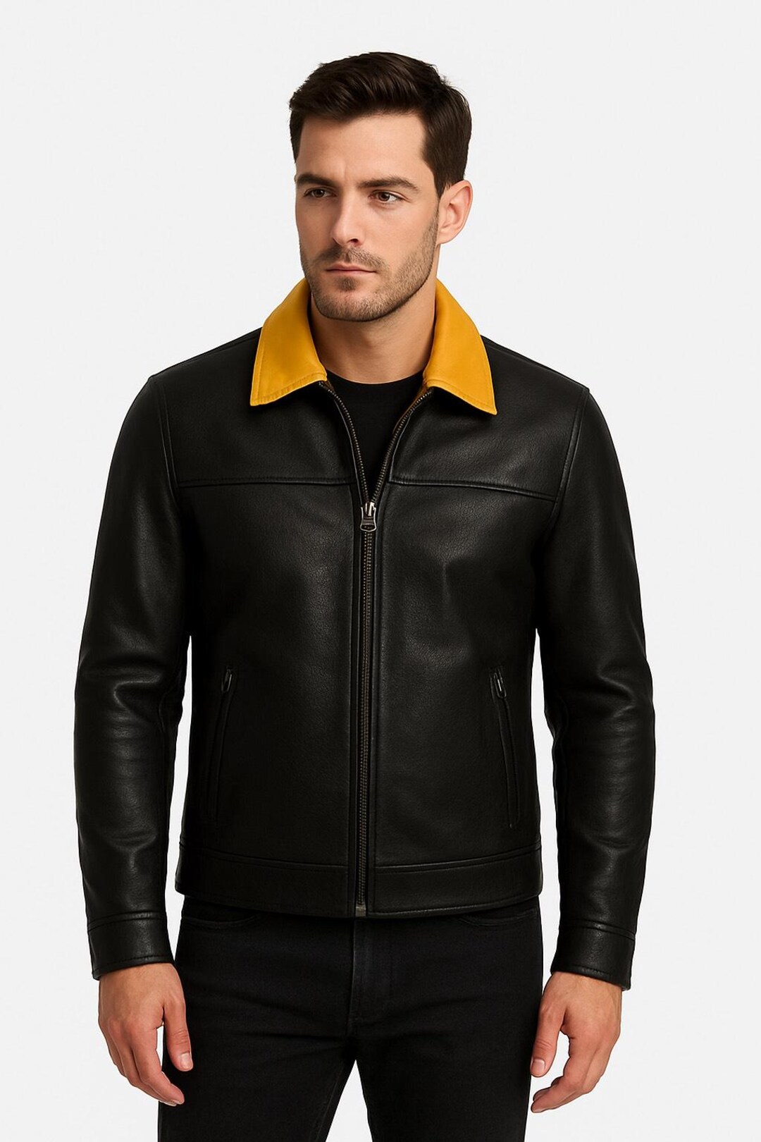 Classic Yellow Collar Mens Genuine Leather Motorcycle Rider Jacket Slim ...
