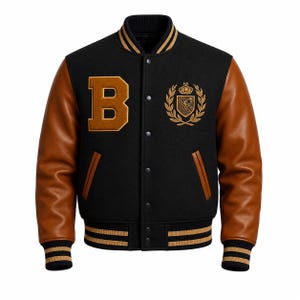 Men’s Black Wool Letterman Jacket Brown Leather Sleeves Handmade Baseball B Patch College Coat