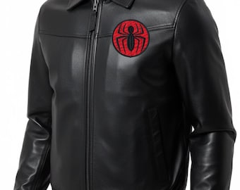 Men’s Spider Patch Genuine Leather Bomber Jacket Superhero Cosplay Comic Outfit, Handmade Biker Coat
