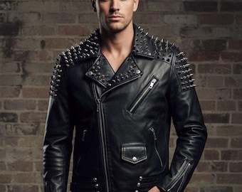 スタッズ付きブラックライダースジャケット 本革 ブラック パンク スタッズライダースジャケット / Studs Riders Jacket（ライダース