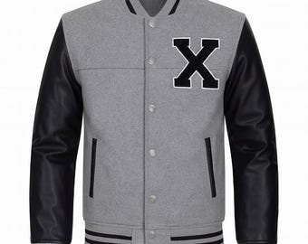 Grijze wollen bomber varsity Letterman-jas heren baseball X patch retro zwarte leren mouwen