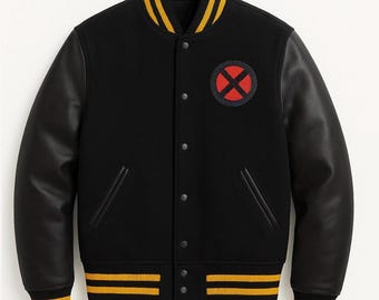 May include: Black varsity jacket with black leather sleeves, a yellow and black striped collar, cuffs, and hem. The jacket features a red and black circular patch on the chest.