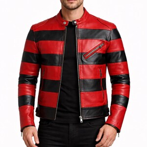 Men’s Red Black Striped Genuine Leather Biker Jacket Motorcycle Handmade Front Zip Streetwear Coat