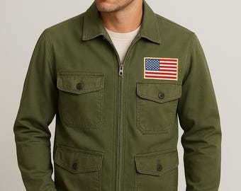 Herren Baumwollmilitärjacke M65 Feldarmee Grün Vintage Gebrauchstaschen Amerikanische Flagge Patch