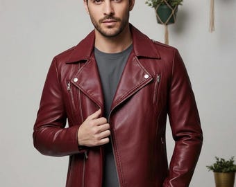 Handmade Maroon Sheepskin Biker Jacket Asymmetrical Zip Genuine Leather Slim Fit Moto Coat