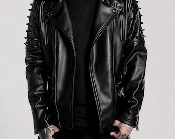Men’s Black Spiked Genuine Leather Brando Jacket Handmade Punk Rock Motorbike Gothic Coat Streetwear