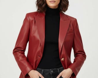 Women’s Fitted Red Genuine Leather Blazer One Button Coat Suit Style Casual Formal Wear