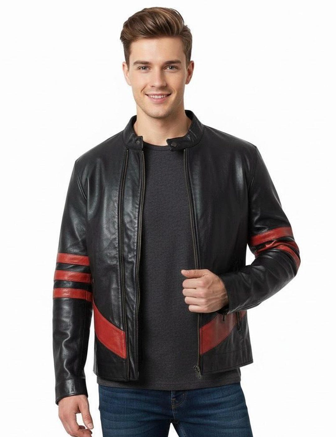 Men’s Red Black Real Leather Cafe Racer Biker Jacket Striped Motorbike ...