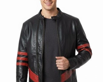 Men’s Red Black Real Leather Cafe Racer Biker Jacket Striped Motorbike Retro Vintage Coat