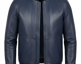 May include: A navy blue leather bomber jacket with a zip-up front, two front pockets, and a ribbed collar and cuffs. The jacket has a classic design and is suitable for various occasions.