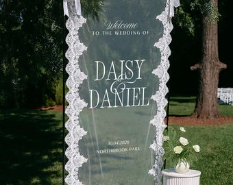 Personalized Sheer Wedding Welcome Sign: Lace Trim Banner