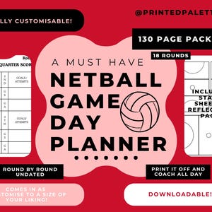 Puede incluir: Un planificador de día de partido de netball rojo y blanco con el texto "A Must Have Netball Game Day Planner". El planificador incluye hojas de estadísticas y una página de reflexión. El planificador es totalmente personalizable y descargable.